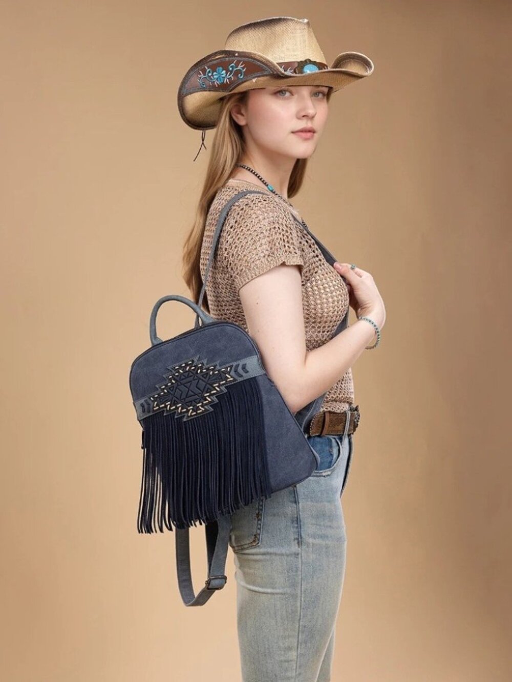 Trinity Ranch Aztec Tooled Fringe Concealed Carry Backpack Navy - Picture 5 of 5